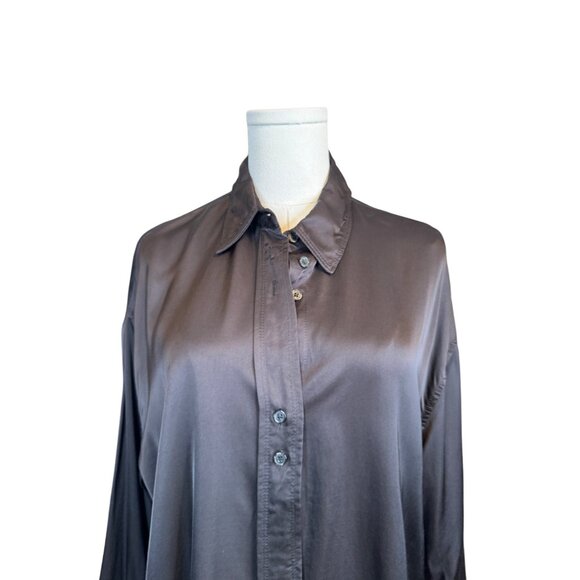 2/$25 ZARA Jet Black M Button-Up Satin Shirt Long Sleeve - Picture 7 of 13